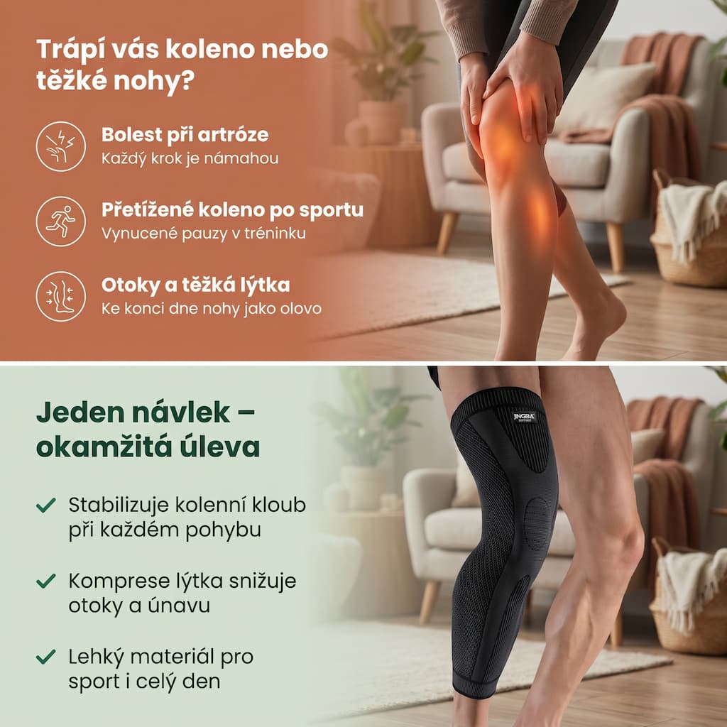 Kompresní návlek Jingba při bolesti kolene, otocích a přetížení po sportu